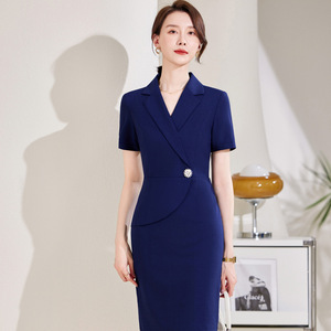 Career Dress Black Short Sleeve Notched Collar Anti-Wrinkle Work Uniform Women Elegant Office Wear - Product Image 3