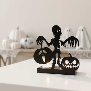 Décorations de table d'Halloween : Porte-bougie en métal ajouré en forme de squelette, style effrayant pour bougies chauffe-plat - Product Image 1