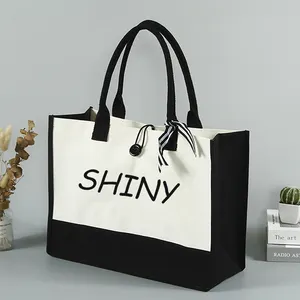 Portable Black White Burlap Jute Canvas Bag for Beach Wedding Shopping Custom Logo Handbag Tote Retro Beach Gift Bag with Logo