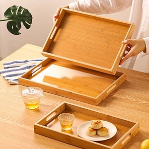 Ensemble de plateaux de service en bambou rectangulaires avec poignées pour fruits, pain, café, thé, présentation en hôtel, couleur unie, finition bois naturel - Product Image 2