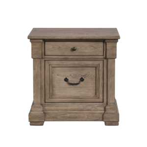 Mesita de noche con cajones en francés e inglés, acabado gris desgastado, tirador de metal, cajón superior forrado en fieltro - Product Image 3