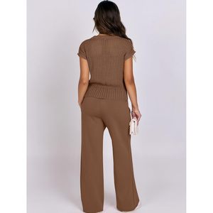Ensemble deux pièces pour femmes, haut en tricot crocheté transparent, pantalon large, ensemble décontracté respirant pour le printemps et l'été - Product Image 3