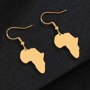 Thời trang thanh nhã không xỉn bạc 18K mạ vàng 316L thép không gỉ phụ nữ phụ nữ Châu Phi bản đồ Mặt dây chuyền bông tai đồ trang sức