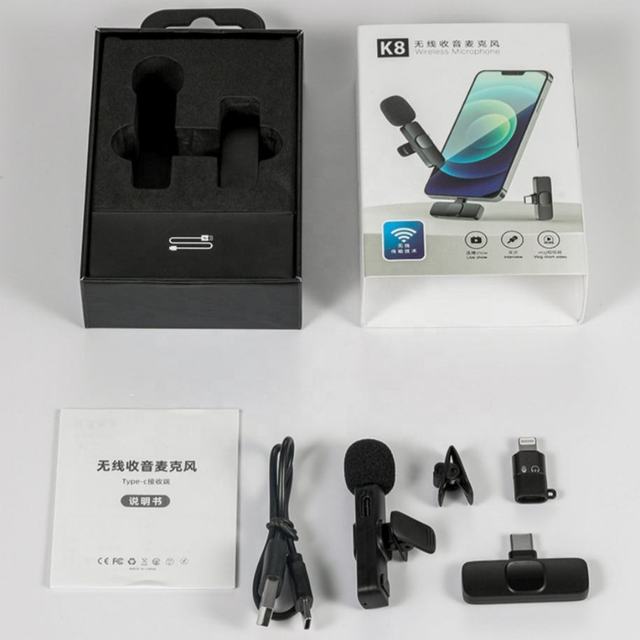 Portable 2in1 Wireless Omni-directional Condenser Lavalier Microphone Sound Card Mini K8 C iPhone Android Audio/Video Recording