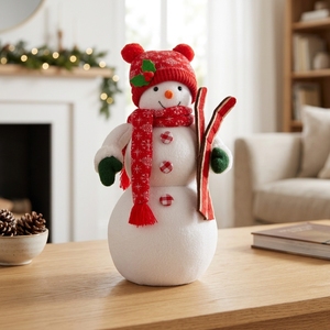 Rustic Sporty Snowman Plushie with Wooden Skis and Fur-Trimmed Red <b>Hat</b> for Ski Lodge <b>Holiday</b> Decor New - Product Image 3