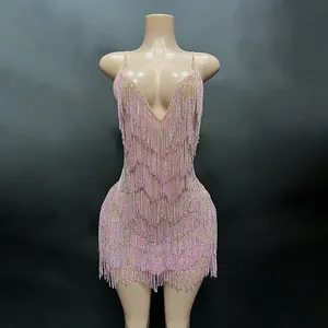 NOVANCE – robe sexy rose à franges pour femme, tenue élégante à bretelles pour boîte de nuit, été 2023