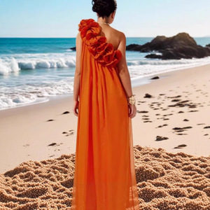 Robe de soirée longue orange asymétrique à volants, taille empire, dos nu, pour femme, idéale pour l'été et les occasions formelles - Product Image 4