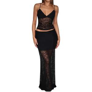 Conjunto de 2 piezas de encaje personalizado para mujer 2026: Top camisero sin mangas y falda maxi transparente, transpirable, de elastano y poliéster, ideal para salir. - Product Image 3