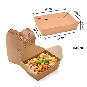 Kotak kertas kemasan makanan makan siang Kustom kotak makan siang sekali pakai Mudah terurai nasi Cina 1500ML kotak makanan Kraft