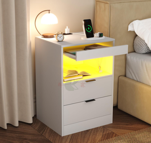 Table de chevet moderne blanche à LED avec station de charge, ports USB et prises électriques, tiroir pour les petites chambres - Product Image 2