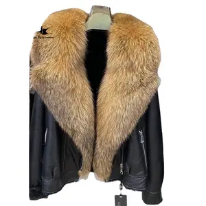 Winter Real Fox Collar Fur Jackets With Genuine Sheep Leather Overcoat Locomotive Style Natural Fox Fur Coats Women Luxury Coat