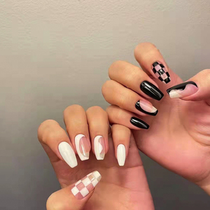 Faux ongles à presser noirs et beiges, motif damier et tourbillon, couverture complète, réutilisables, pour usage quotidien féminin, bureau et fêtes - Product Image 2
