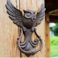 Battant de porte vintage en fonte d'acier motif hibou - Décoration extérieure de porte d'entrée de style industriel américain antique