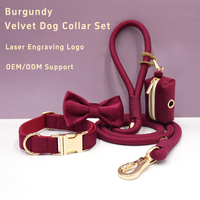Collier de luxe en velours pour animaux de compagnie, lot de 4 pièces, avec nœud papillon, laisse en corde, distributeur de sacs à déjections, gravure de logo personnalisée - Vente en gros usine