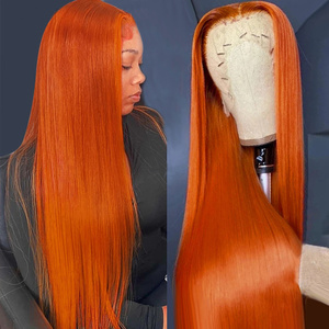 Vente en gros Perruques en dentelle <span class=keywords><strong>de</strong></span> cheveux humains bruts brésiliens droits en os, couleur <span class=keywords><strong>orange</strong></span> gingembre, perruques tressées en dentelle fabriquées à la machine avec franges - Product Image 2
