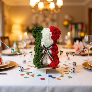 Ours en peluche populaire fait main, à thème drapeau mexicain, avec fleurs artificielles roses en PE, pour fêtes et réunions, en boîte cadeau avec ruban de football - Product Image 4