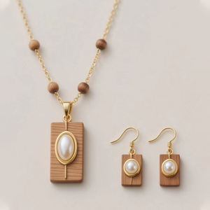 Fatingna, collar con colgante personalizado, conjunto de collar y pendientes OEM de madera, colgante geométrico de perlas de agua dulce chapado en rodio para regalo - Product Image 2