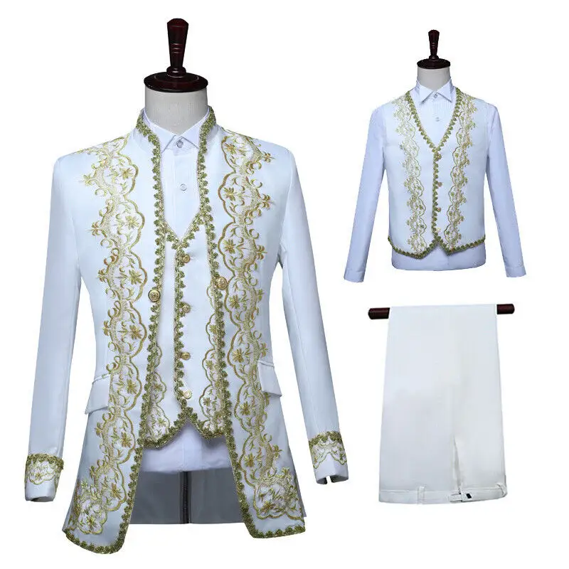 Medieval King Prince Party Cosplay Costume Jacket Pant Full Set Black White Men