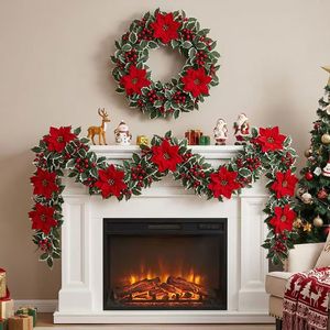Guirlande de Noël artificielle avec baies rouges et poinsettias pour décorations de rampes d'escalier - Product Image 2