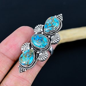 Bague en pierre précieuse Oyster bleue naturelle, 3 pierres, longue, pour femme, vintage, plaquée argent, faite à la main, pour usage quotidien, prix de gros, bijoux - Product Image 2