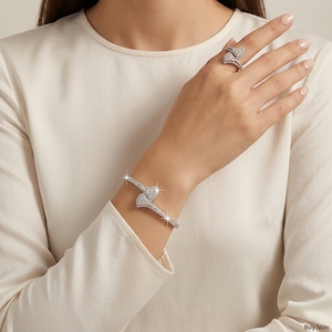 Conjunto de Pulsera y Anillo Abierto de Diseño de <span class=keywords><strong>Abanico</strong></span> de Lujo Ligero con Zirconia, Chapado en Oro de Latón, Unisex, para Parejas, Regalo de Boda y Compromiso - Product Image 5