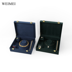 WEIMEI Luxury Custom logo Green Velvet Cover Wooden Jewelry Ring <b>Earring</b> Necklace Big Set Packaging Box with Metal <b>Hinge</b> Lock - Product Image 1