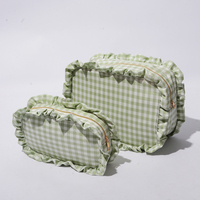 Trousse de Toilette Monogramme à Expédition Rapide Keymay, en Polyester Doux, Motif Gingham Bleu Rose Sauge, Pochette Cadeau à Volants, Sac de Maquillage à Carreaux
