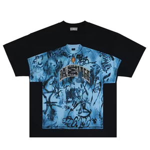 Unisex maglietta estiva a maniche corte girocollo con Graffiti rotanti a mano in cotone pesante stile retrò <span class=keywords><strong>Americano</strong></span> Hip Hop - Product Image 1