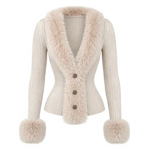 Veste en tricot côtelée décontractée pour femme, doublée de fausse fourrure, col en V, boutonnée sur le devant, manches longues, manteau d'hiver - Product Image 1