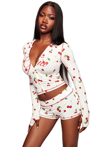 Completo Casual <span class=keywords><strong>da</strong></span> <span class=keywords><strong>Donna</strong></span> in Due Pezzi, Top con Zip e Stampa Ciliegie <span class=keywords><strong>Sexy</strong></span> e Pantaloni a Zampa, <span class=keywords><strong>Abbigliamento</strong></span> Femminile - Product Image 6