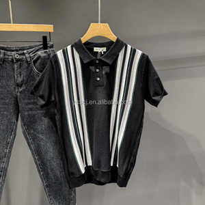 Мужская рубашка-поло в британском стиле в стиле ретро, легкая зрелая трикотажная рубашка с короткими рукавами и контрастными вертикальными полосами, слегка свободная - Product Image 3