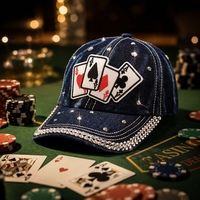 Cappellino da Baseball in Denim a 6 Pannelli con Ricamo Appliqué Four Ace, Doppia Cucitura a Contrasto, Fornitore OEM Personalizzato all'Ingrosso