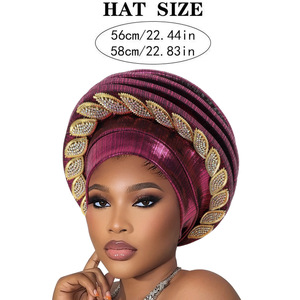 Elegante Turbante Africano Rosso Vino, Auto Gele con Decorazione a Foglia in Strass Dorati per Feste e Matrimoni - Product Image 4