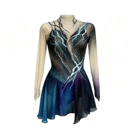 Robe de patinage artistique bleu foncé, entièrement en maille, manches longues, jupe ornée de strass, pour enfants et adultes, compétition et performance