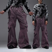 Toptan erkekler soluk vintage yıkanmış denim kot birden cepler fermuar özel baggy kargo yığılmış parlama kot