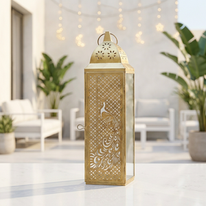 โคมไฟโลหะตกแต่งบ้านสไตล์โมร็อกโกสีทองลายพีค็อกจากผู้ผลิต - Product Image 1