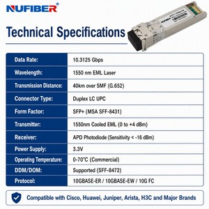 Transceptor SFP+ ER de 10G, Monomodo, 1550nm, 40km, Dúplex LC, DDM, para Estación Base Rural, Línea de Alquiler Punto a Punto Metropolitana - Product Image 4