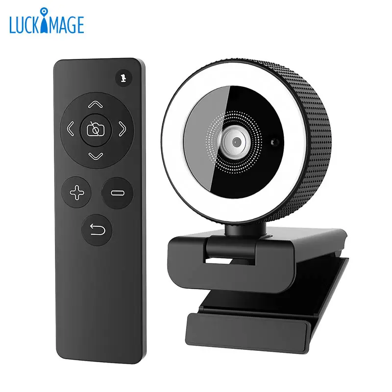 Luckimage 2K remote control webcam ring light autofocus webcam with remote control 720p webcam with light and privacy