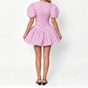 Robe Courte Femme Unie Tissée à Manches Bouffantes, Dos Froncé, Jupe Évasée, Élégante, Quotidienne, Vintage, Personnalisée OEM - Product Image 2