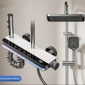 ชุดฝักบัวติดผนังแบบเรนชาวเวอร์พร้อมก๊อกน้ำทองเหลือง  หน้าจอ LED แสดงผลแบบดิจิตอล สีเทาปัดเงา  แกนวาล์วเซรามิก  พร้อมราวเลื่อนและฝักบัวมือ - Product Image 2