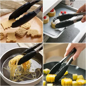 Pinces en silicone souple avec poignée antidérapante en acier inoxydable épaissi Ensemble d'ustensiles multi-usages pour barbecue, pain et gâteau - Product Image 5