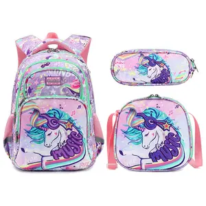 Pink Unicorn 3D Cartoon 3 PCS Set Children Kids Lunch and Pencil Bag School Backpack Girls Back Pack Kid Bag