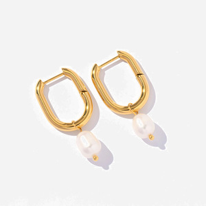 Pendientes de Aro Geométricos con Perla de Agua Dulce para Uso Diario - Product Image 1