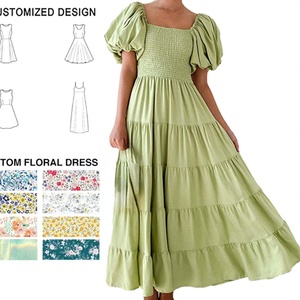 OEM/ODM Custom Natural Waist A-Line Luxury Cotton Ruffles Elegant Women Summer Casual Maxi <b>Dresses</b> Low MOQ Floral Print - Product Image 1