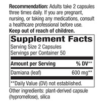 TERSEDIA Damiana 10:1 Extract - 600 mg Per Sajian - Ukuran Sajian: 2 Kapsul - 50 Sajian Per Botol