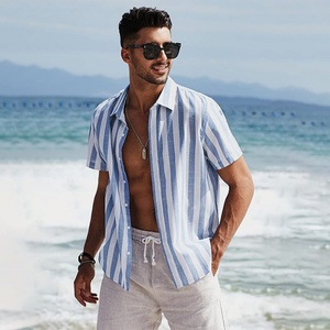 Camisas de Vestir Casuales y Elegantes para Hombre, de Manga Corta, con Estampado de Rayas, de Algodón, para Vacaciones, con Logotipo Personalizado ODM, Transpirables, con Cuello Alto - Product Image 5