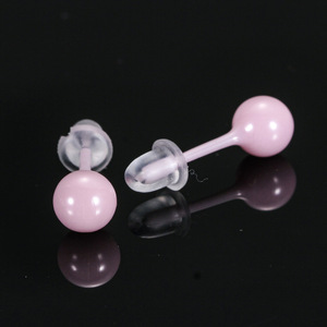 Ceramic Stud Earrings 8mm <b>Round</b> Ball Shape Pink Color Stainless Steel <b>Post</b> Fashionable Minimalist Design Student Friendly - Product Image 1