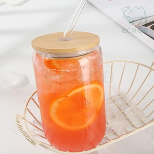 Custom Seal Luxury Bamboo Lid Drinking Hot Cold Water Juice Glass Container Water Bottles with Straws - Product Image 2