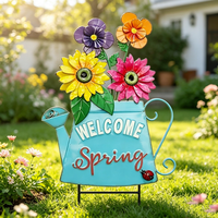 Piquet de jardin en métal avec arrosoir et fleurs, motif 'Bienvenue Printemps', pour porche avant, patio, pelouse et parterre de fleurs