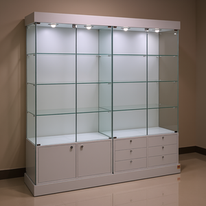 Hozan Display Cabinet 185Cm Width 190Cm Height <b>Light</b> Grey Tempered Glass <b>Doors</b> With Shelves And Lighting - Product Image 3